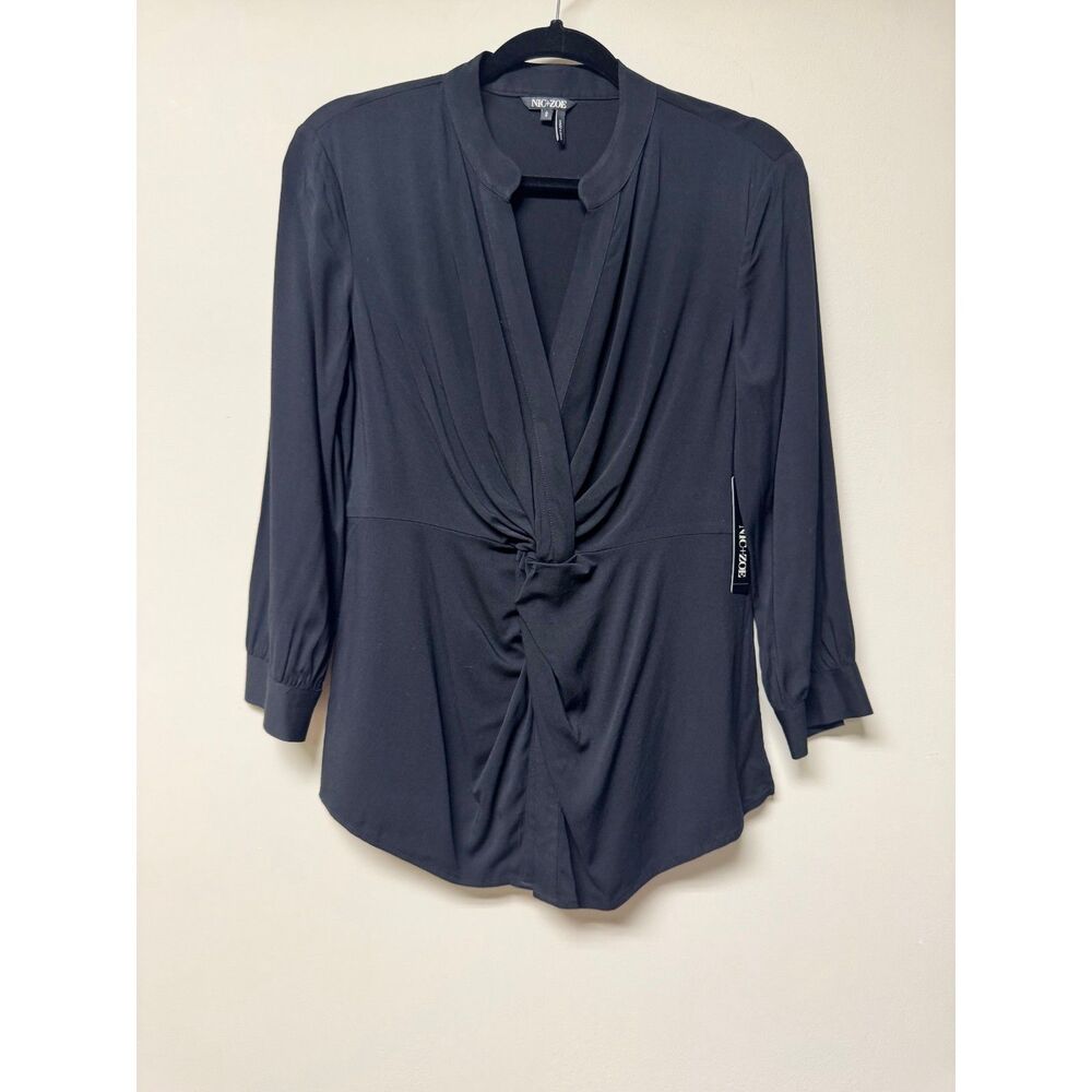 NWT - NIC+ZOE Black Onyx Wonderstretch Twist Front Long Sleeve Blouse, Sz S